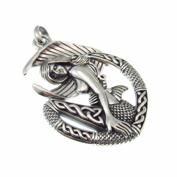 Solid 925 Sterling Silver Celtic Mermaid Goddess Pendant. Nautical Jewelry Gift - Picture 6 of 9